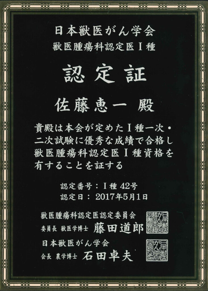認定証(⽇本獣医がん学会認定 獣医腫瘍科認定医Ⅰ種)