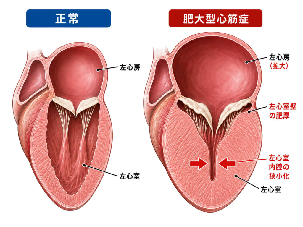 肥大型心筋症における、正常な心臓との比較図:心臓の筋肉が厚くなり、心室が狭くなってしまっている様子