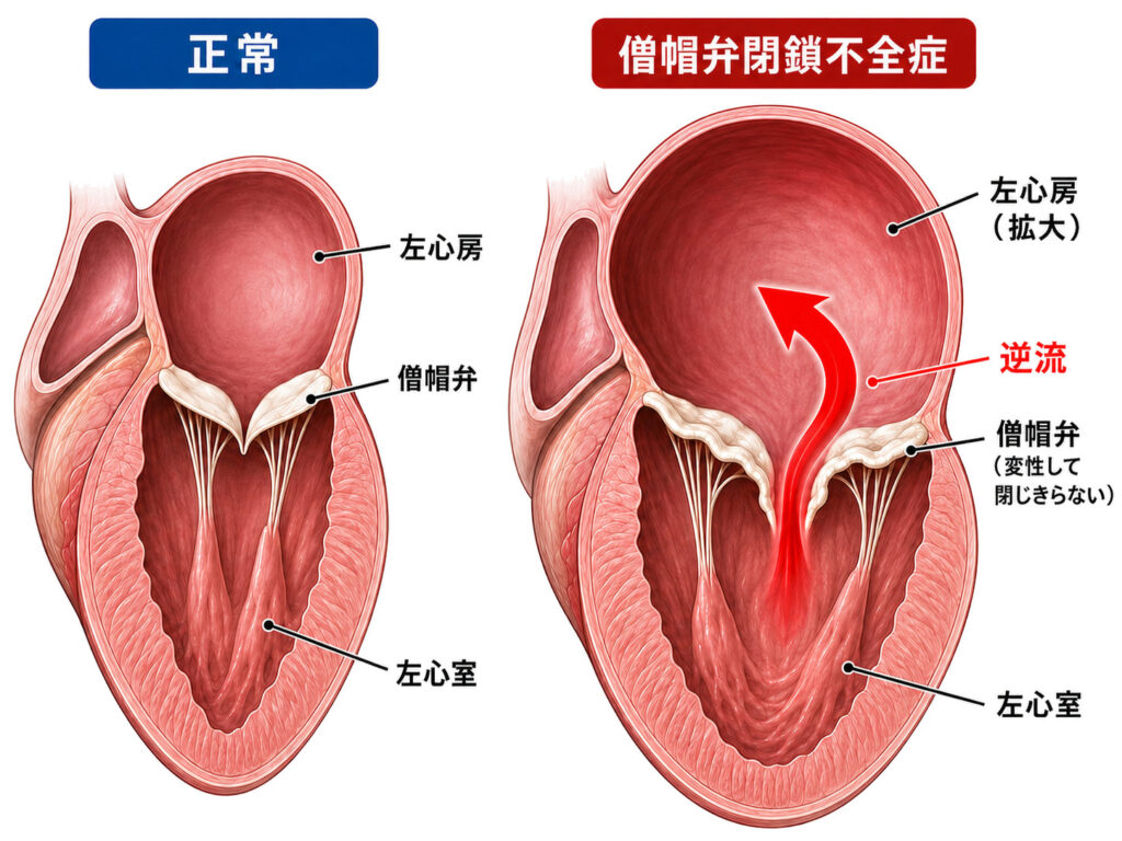 僧帽弁粘液腫様変性(僧帽弁閉鎖不全症)における、正常な心臓との比較図:僧帽弁が変性し閉じ切らず血液の逆流が発生する様子